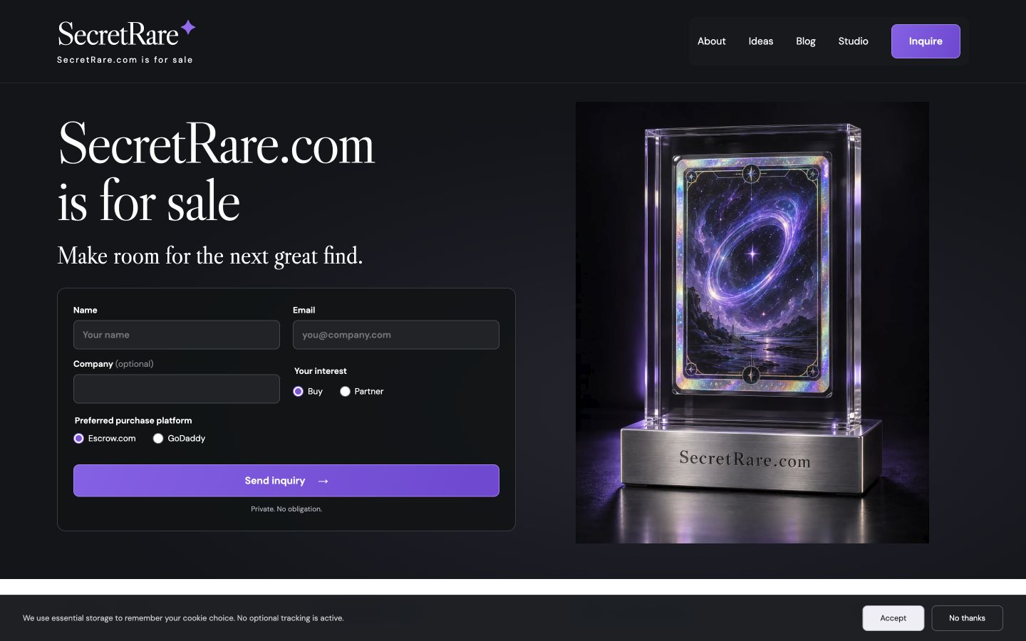 Screenshot of the actual SecretRare.com homepage