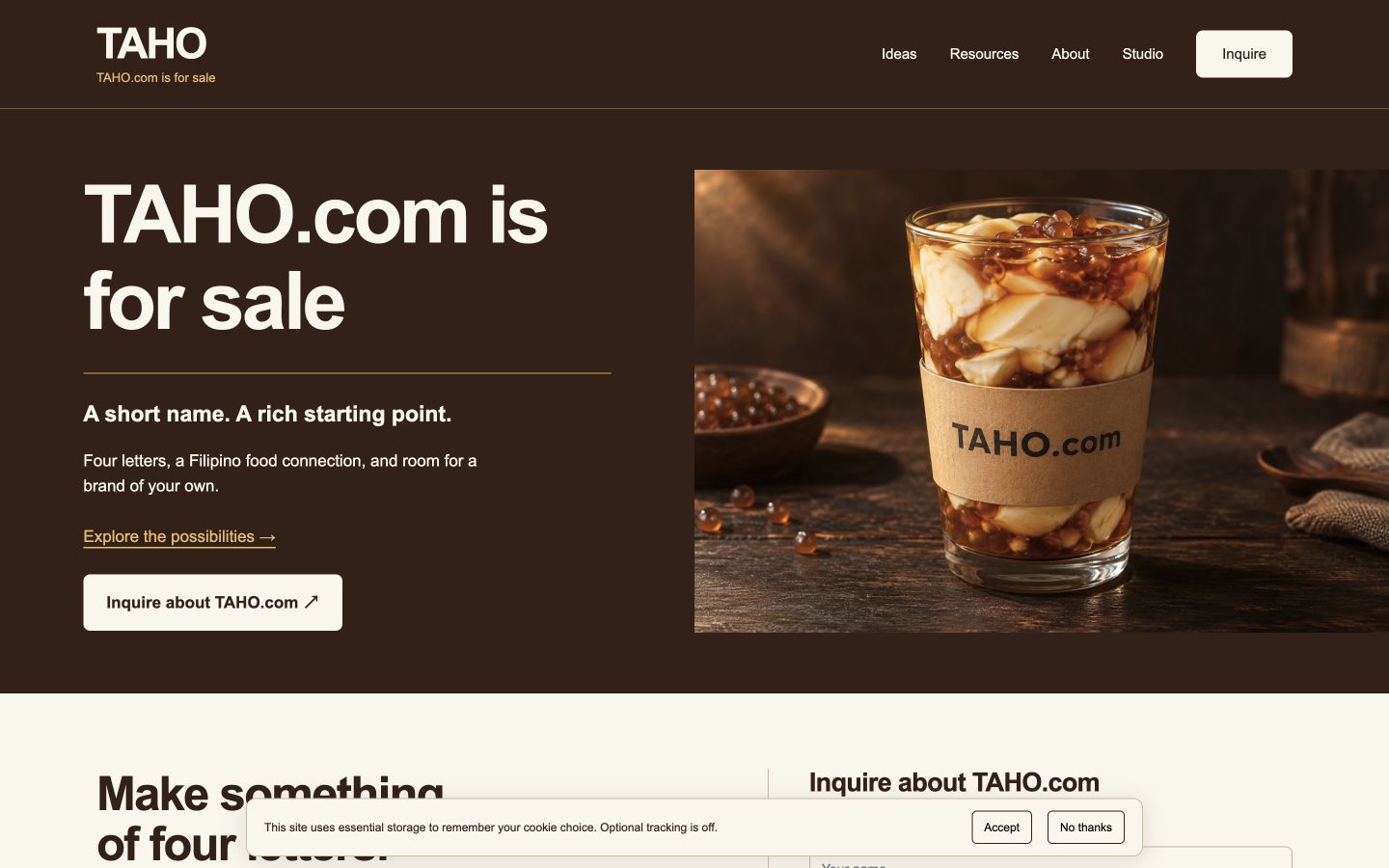 Screenshot of the actual TAHO.com homepage
