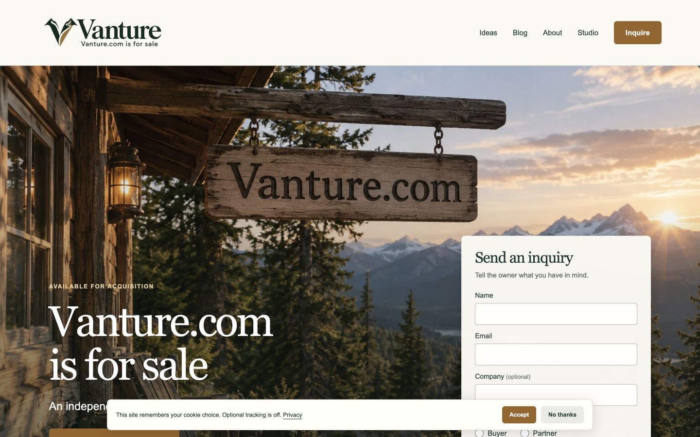 Screenshot of the actual Vanture.com homepage
