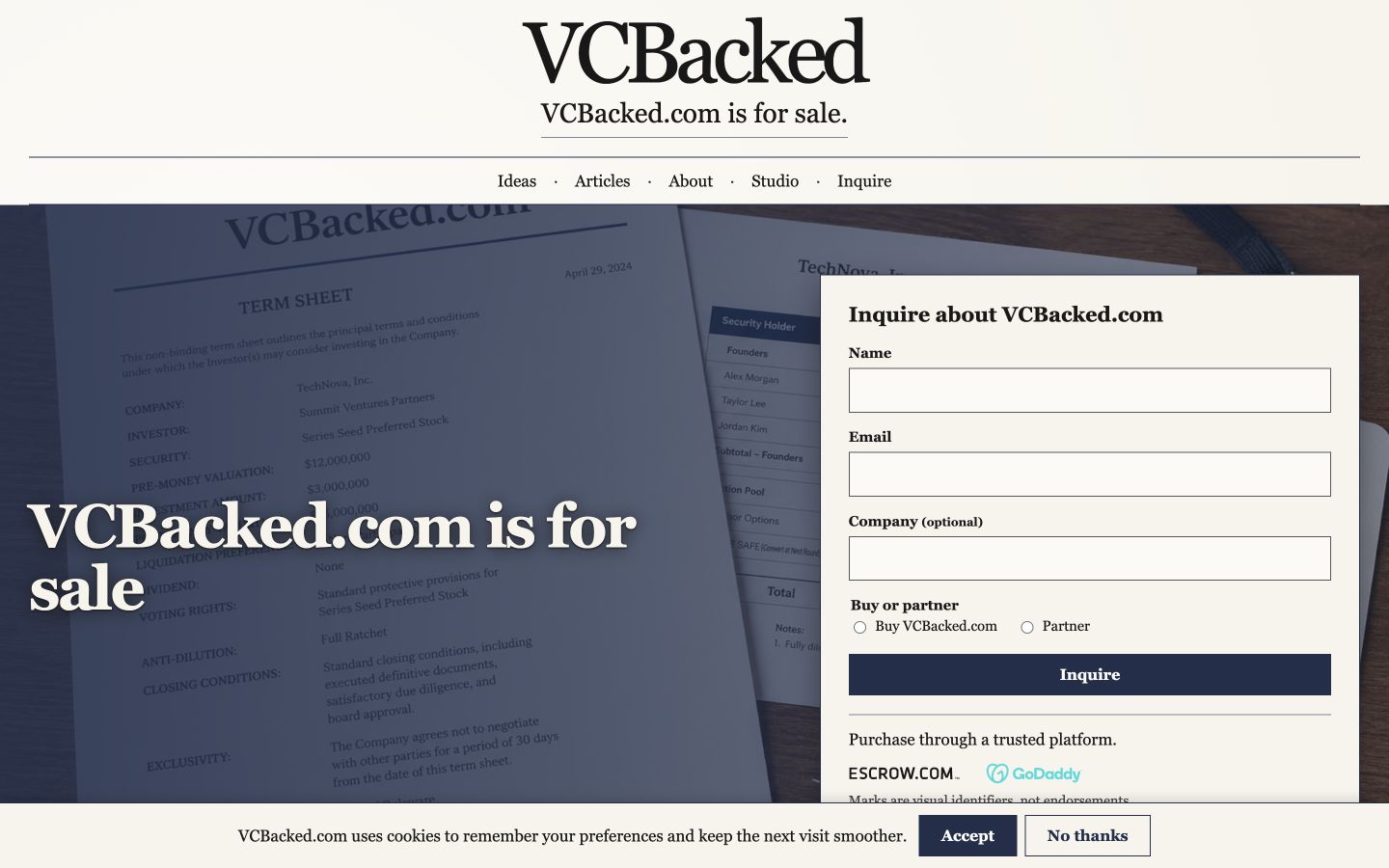 Screenshot of the actual VCBacked.com homepage