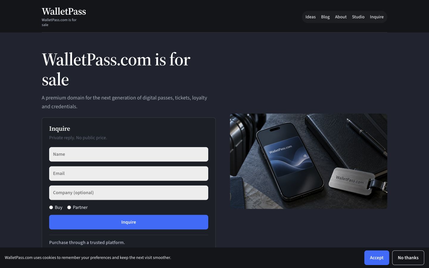 Screenshot of the actual WalletPass.com homepage