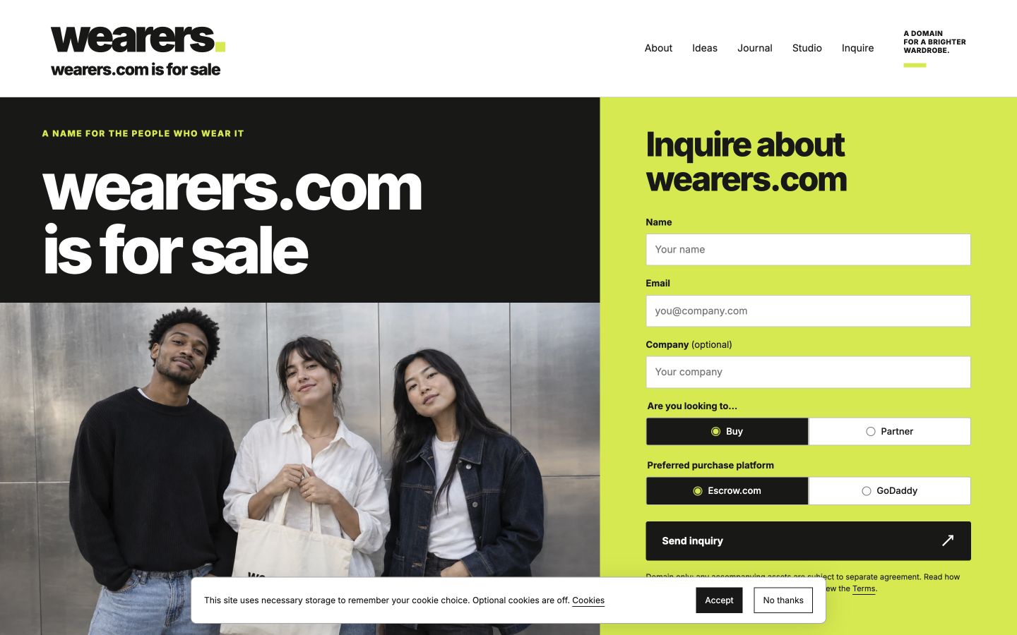 Screenshot of the actual Wearers.com homepage