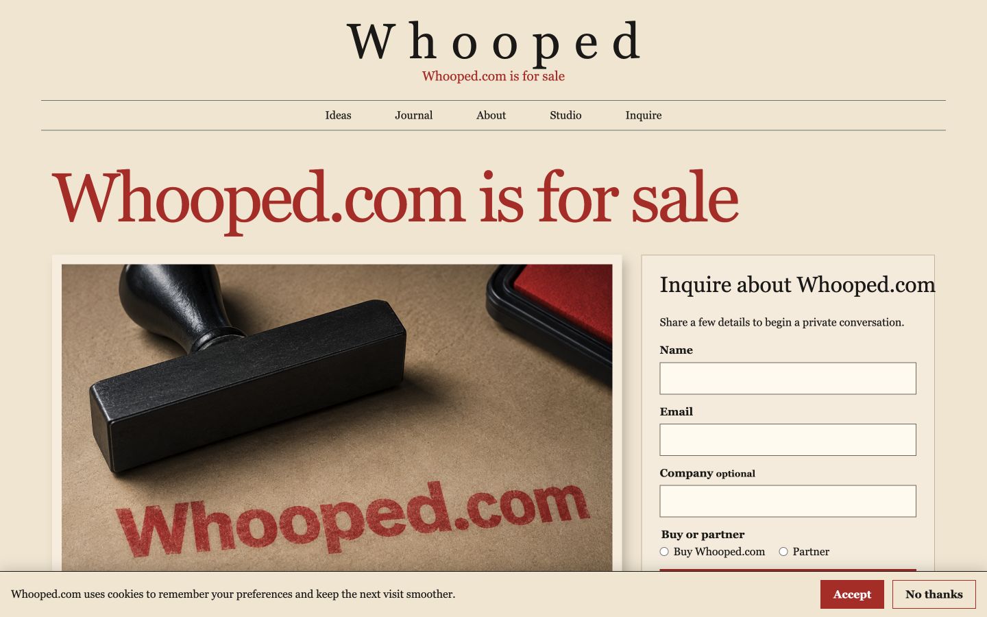 Screenshot of the actual Whooped.com homepage