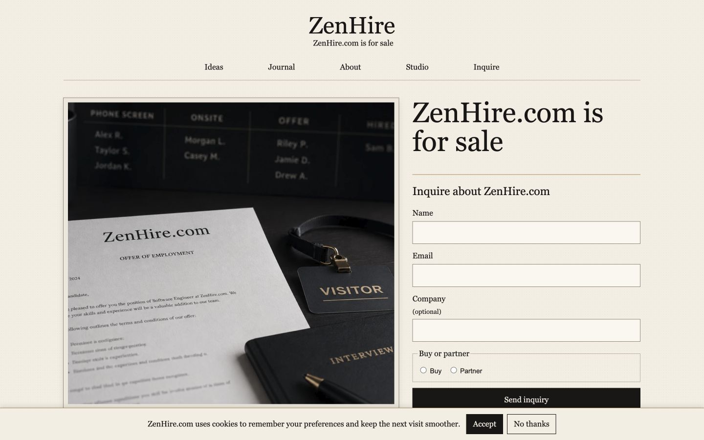 Screenshot of the actual ZenHire.com homepage